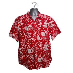 Old Navy Mens XL Everyday Shirt Red White Floral Hibiscus Cotton Button Down A10